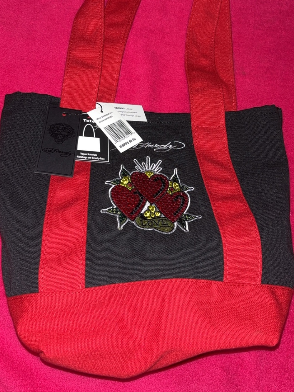 Ed Hardy Black and Red Canvas Tote with Heart Embellishment